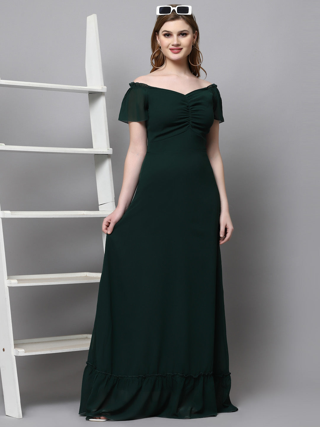 AAYU Women Georgette Solid Green Maxi Dress