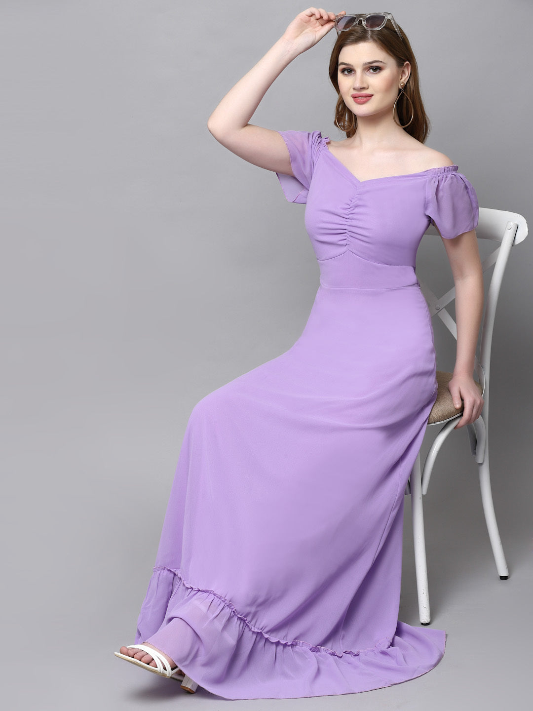 AAYU Women Georgette Solid Purple Maxi Dress