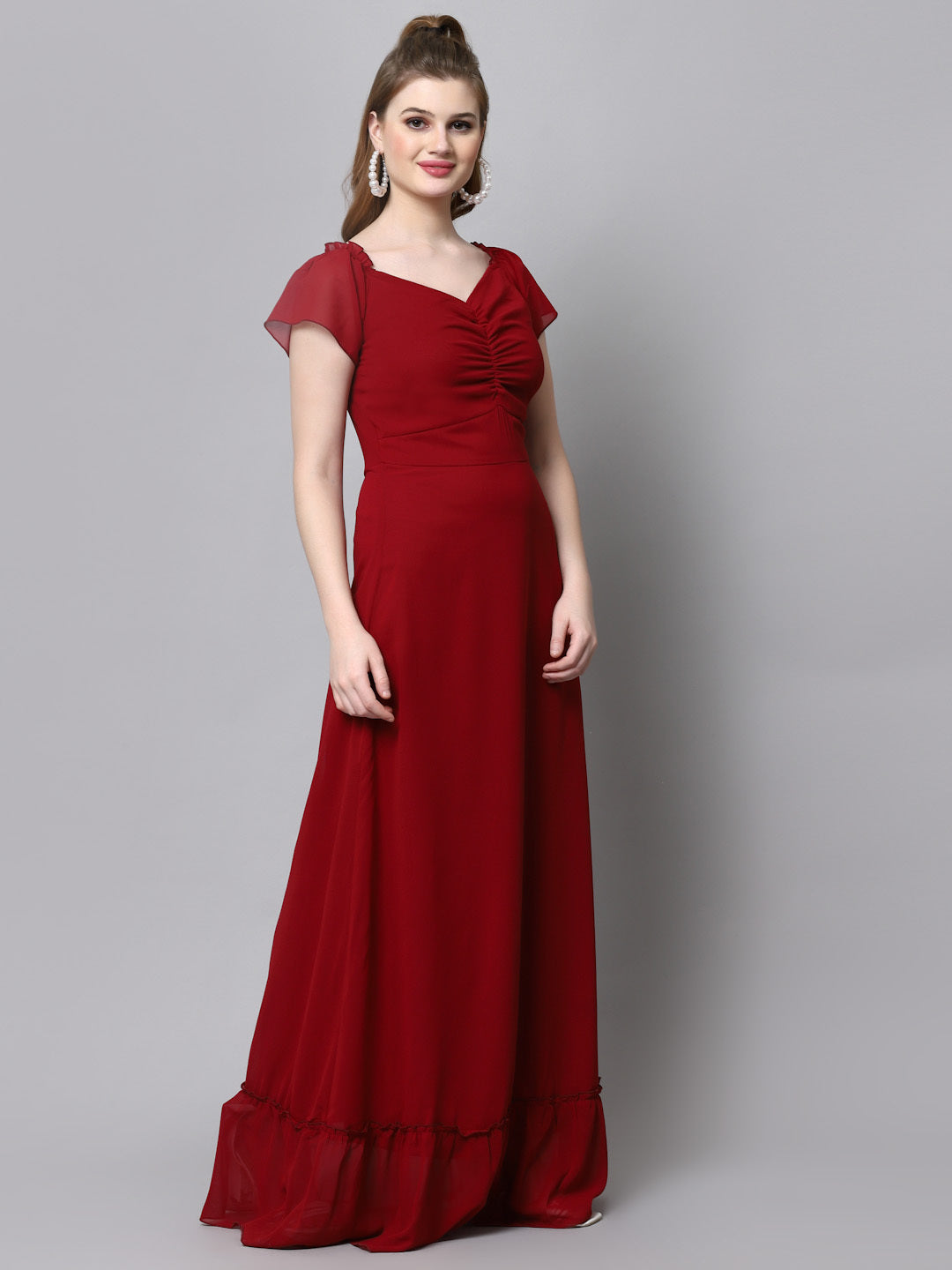 AAYU Women Georgette Solid Red Maxi Dress