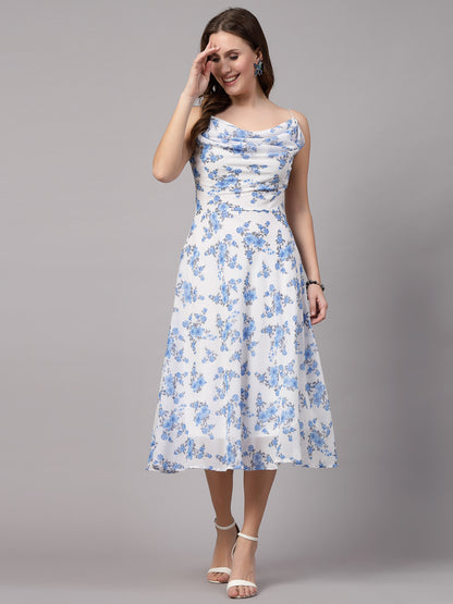 AAYU Women Fit & Flare White & Blue Printed Dress