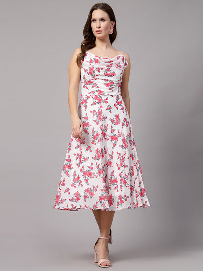 AAYU Women Fit & Flare White & Pink Printed Dress