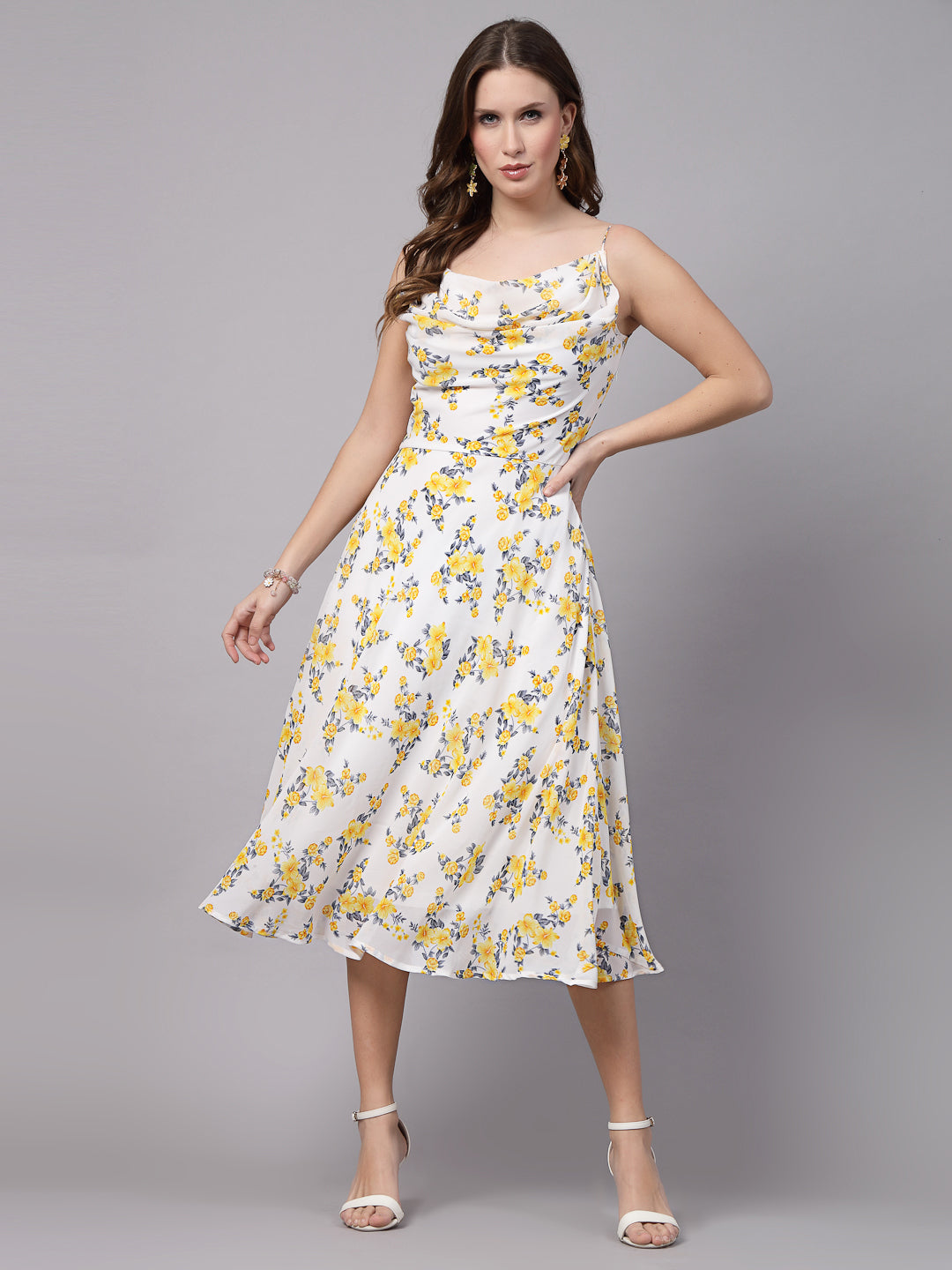 AAYU Women Fit & Flare White & Yellow Printed Dress