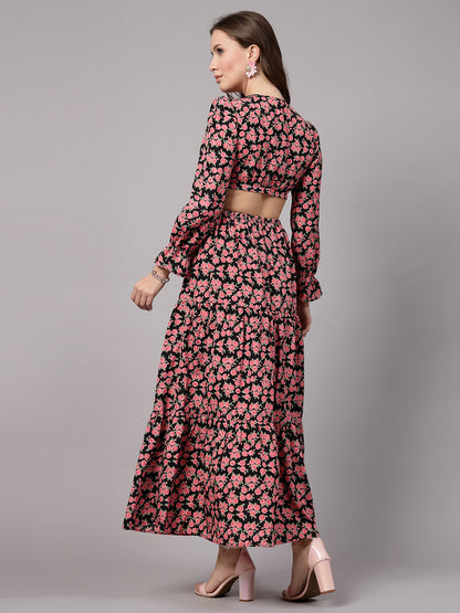 AAYU Women Fit & Flare Black & Pink Dress