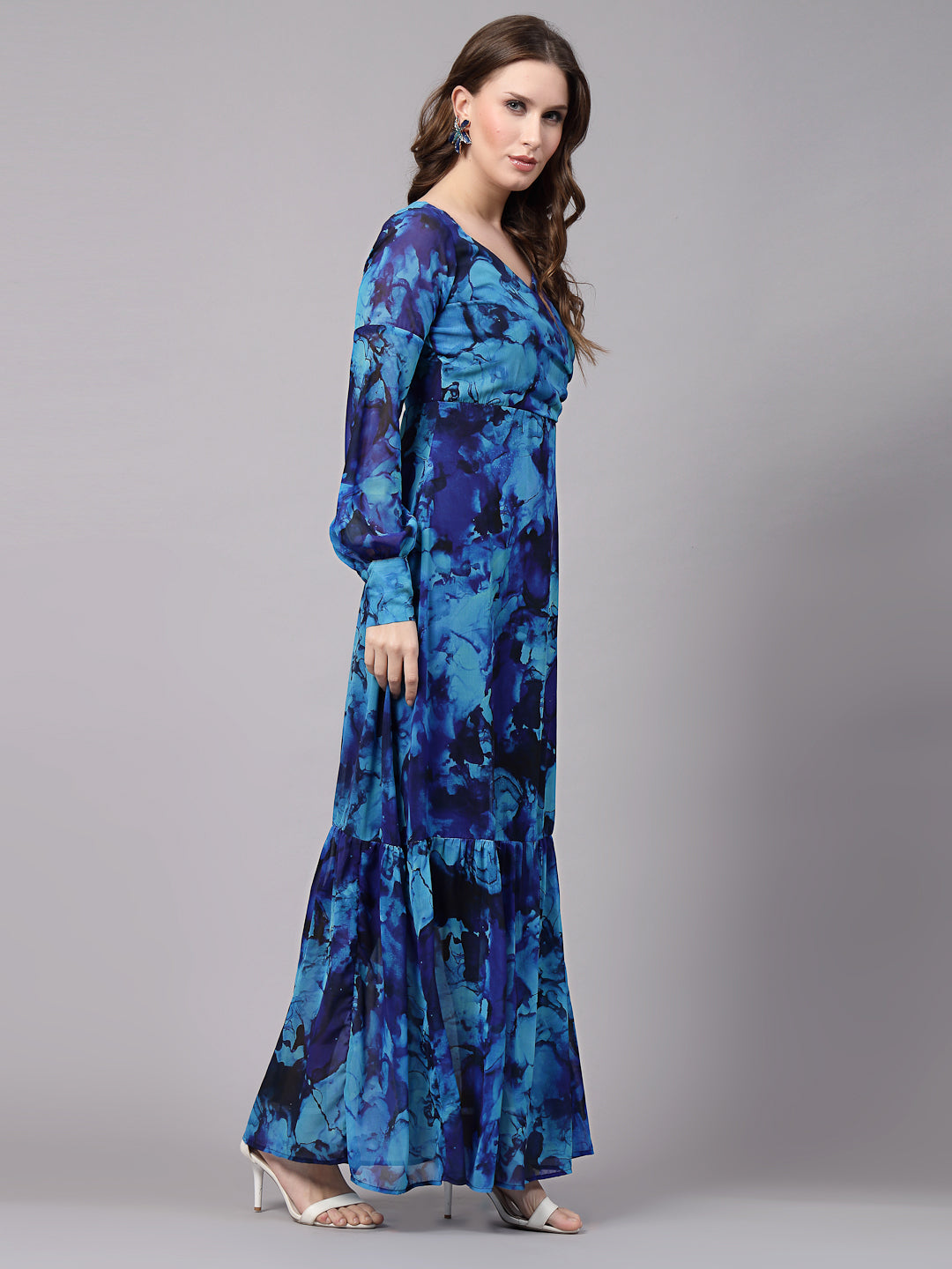 AAYU Women Georgette Printed Blue Maxi Dress