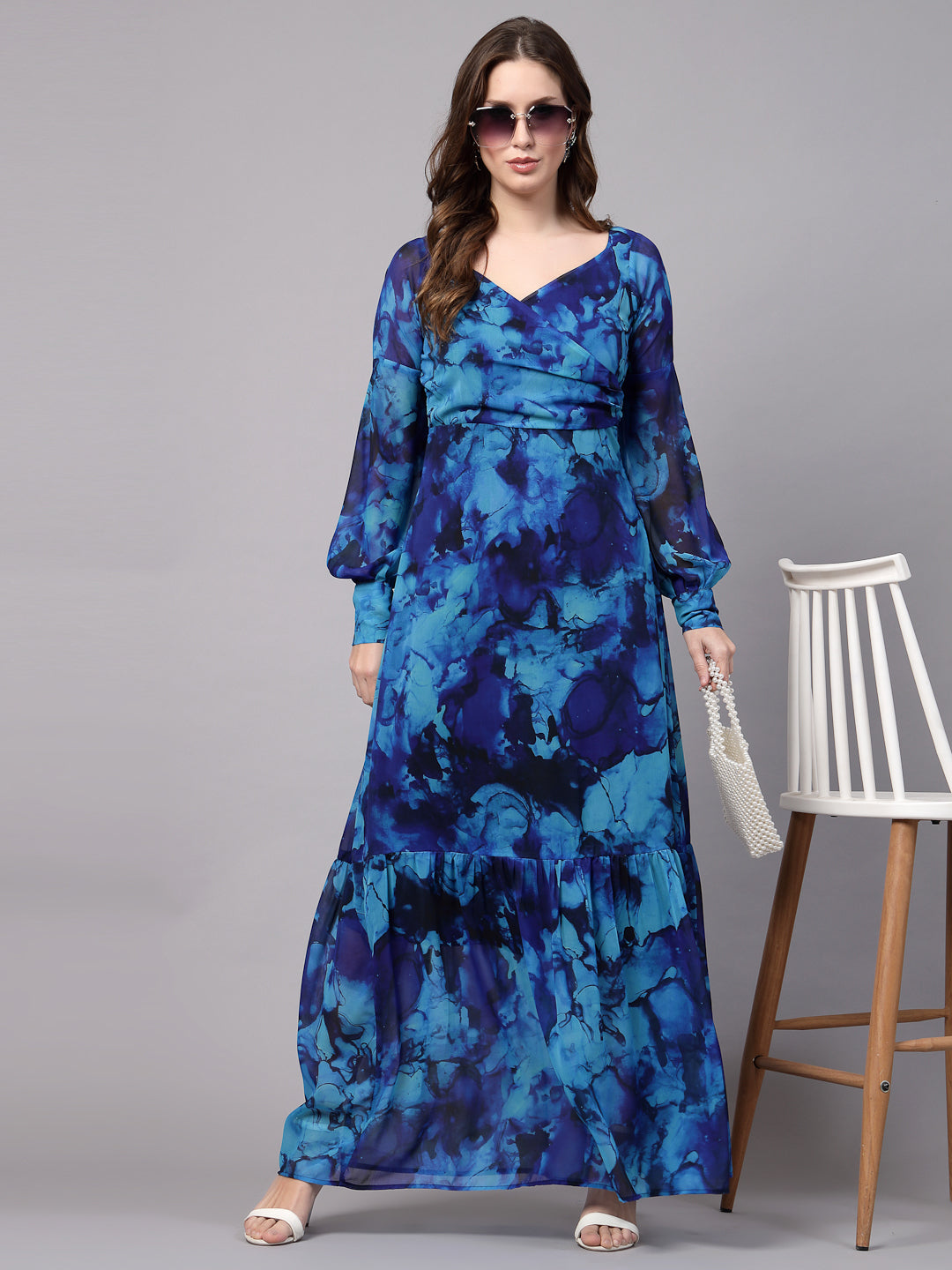 AAYU Women Georgette Printed Blue Maxi Dress