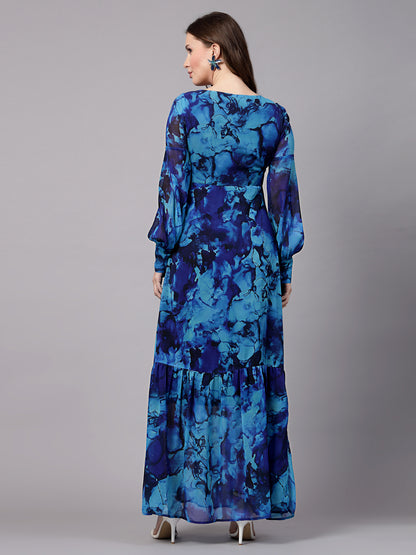 AAYU Women Georgette Printed Blue Maxi Dress