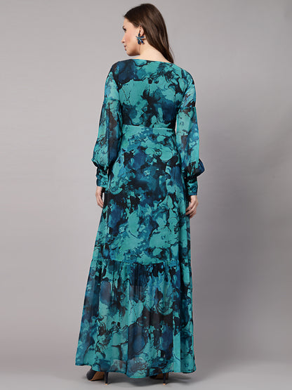 AAYU Women Georgette Printed Green Maxi Dress