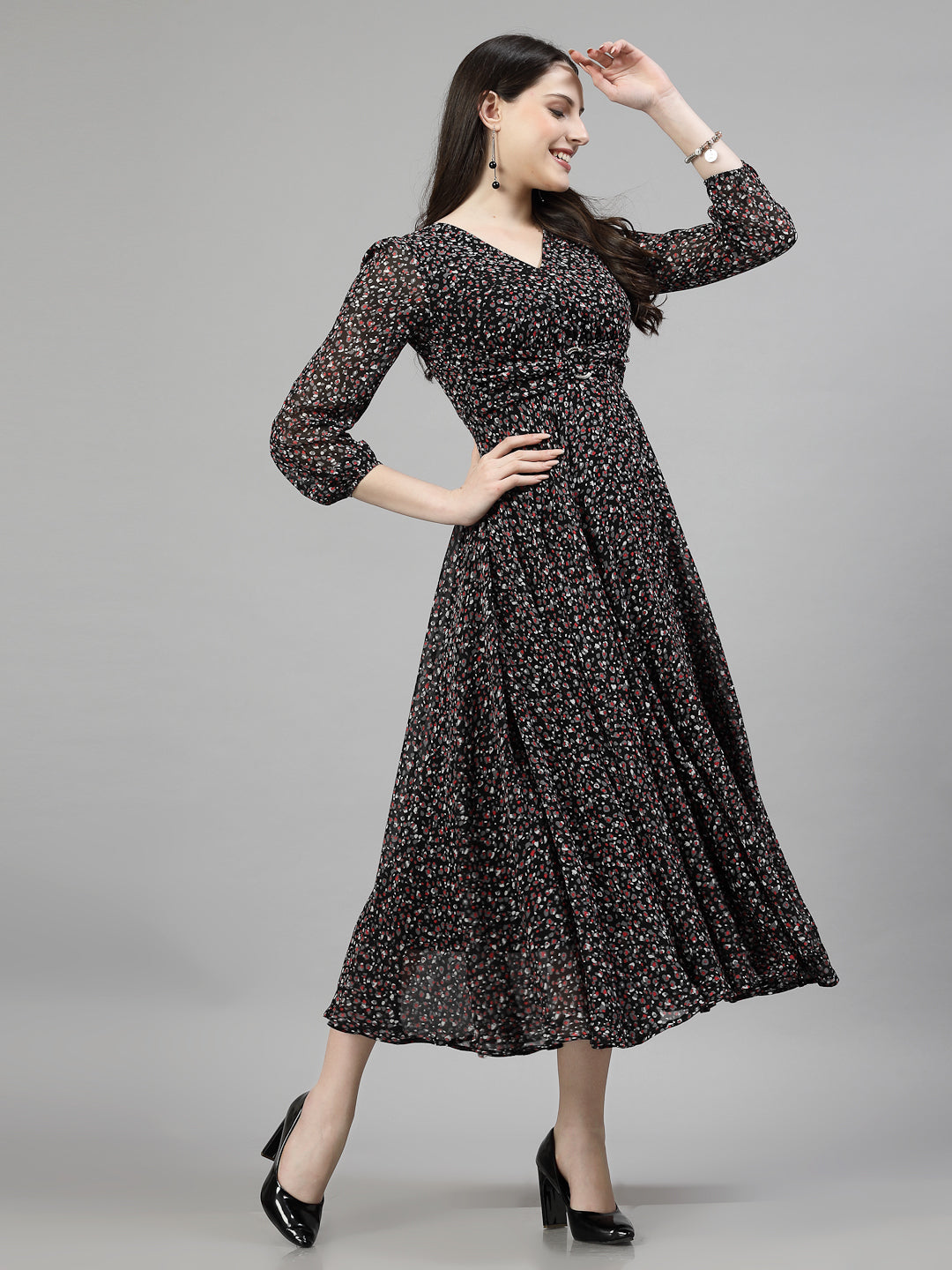 AAYU Women Fit and Flare Puff Sleeve Printed Dress