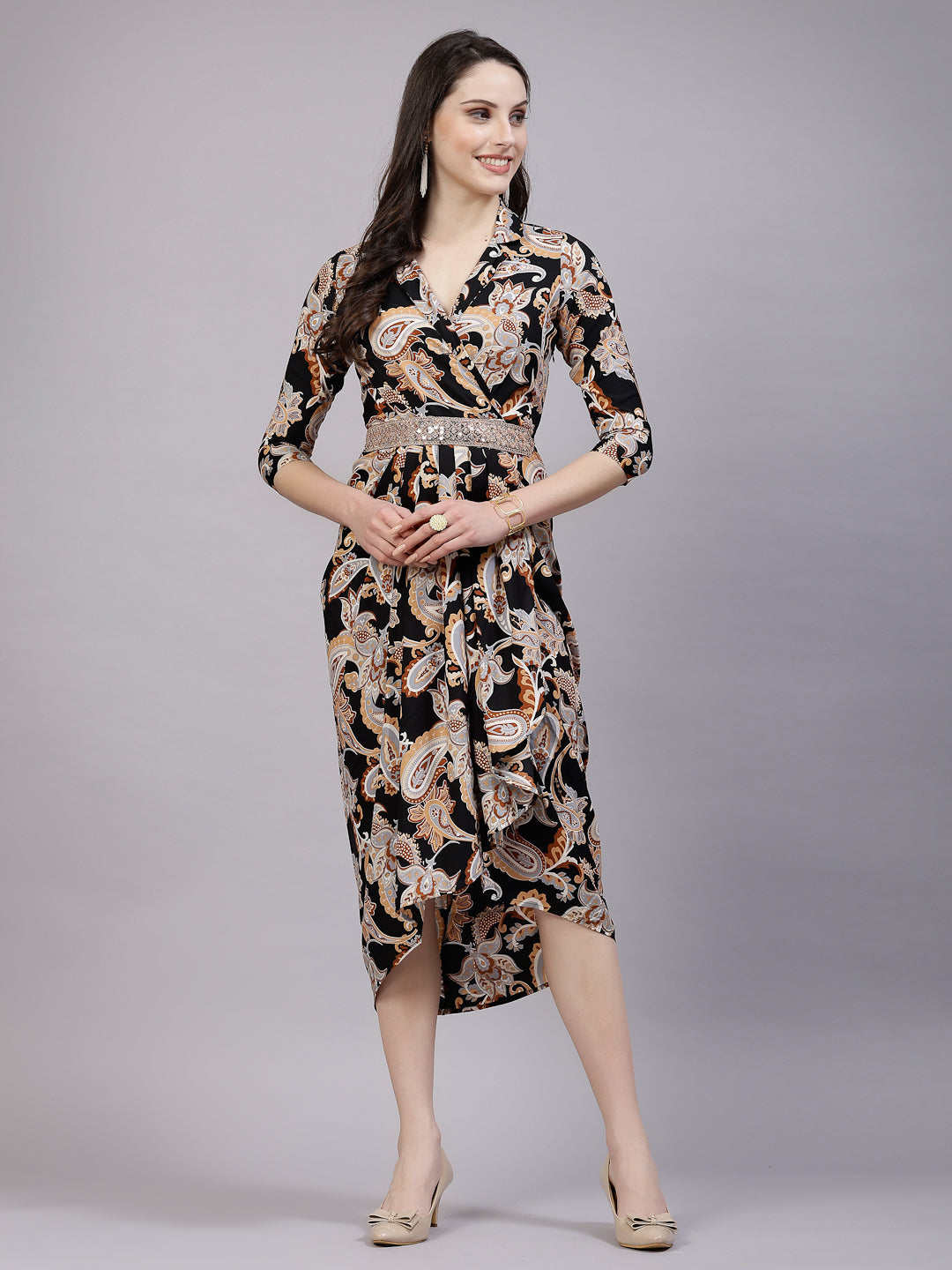 AAYU Women Printed Shirt Collar Dhoti Styled Midi Dress