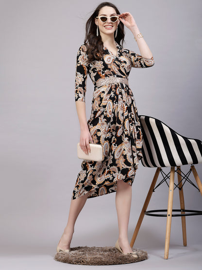 AAYU Women Printed Shirt Collar Dhoti Styled Midi Dress