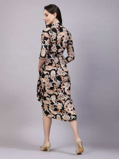 AAYU Women Printed Shirt Collar Dhoti Styled Midi Dress