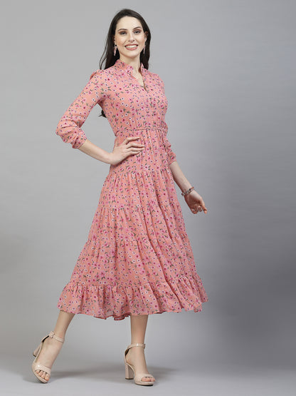 AAYU Women Printed Tiered Pink Dress