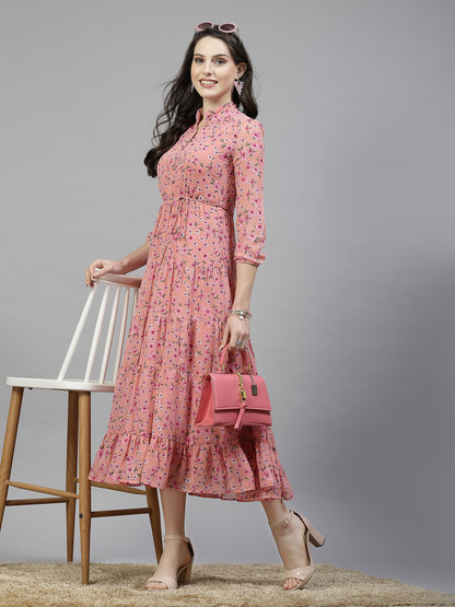 AAYU Women Printed Tiered Pink Dress