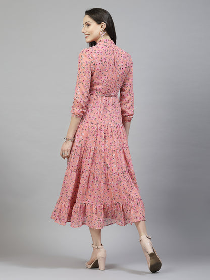 AAYU Women Printed Tiered Pink Dress