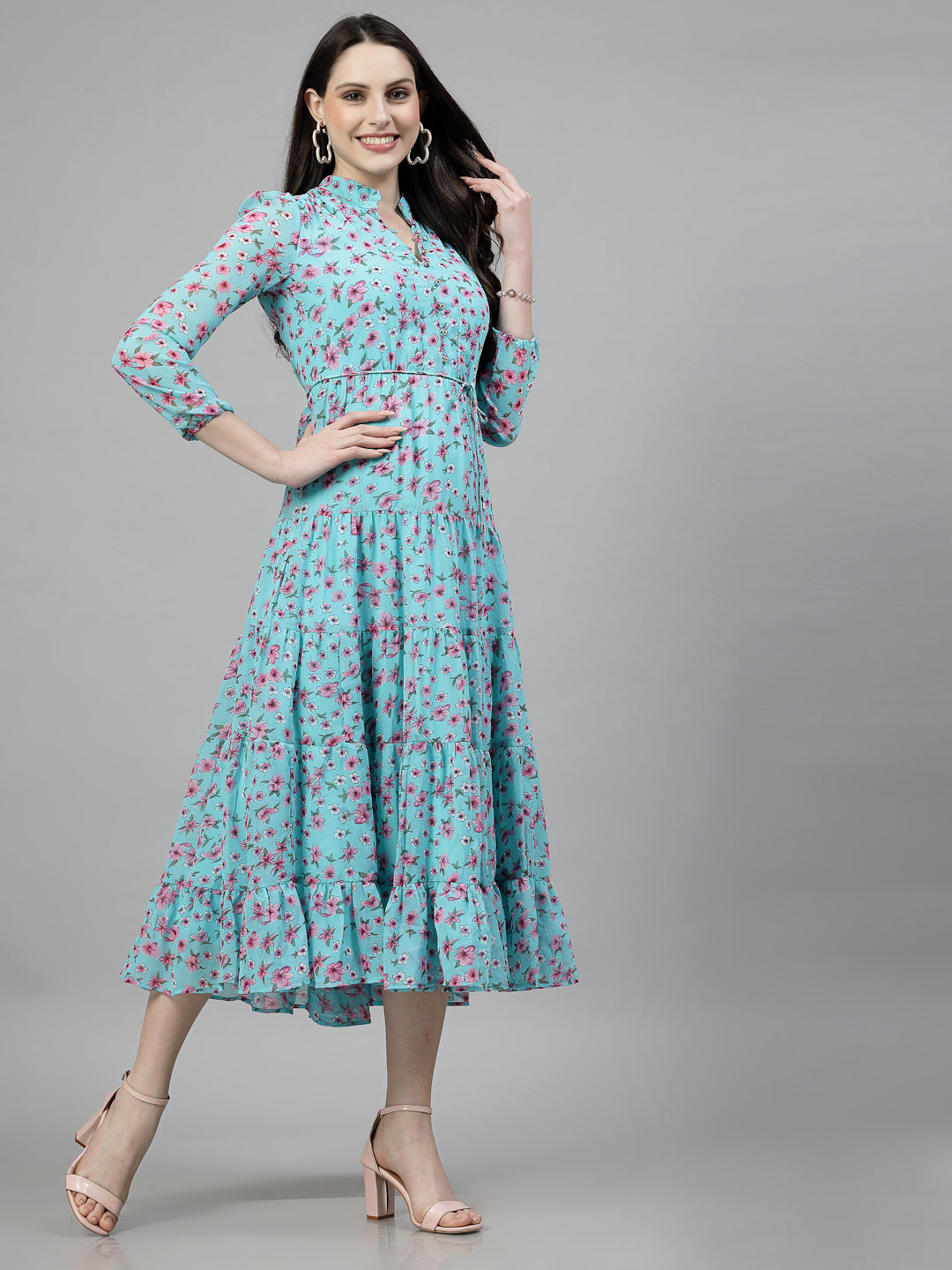 AAYU Women Printed Tiered Skyblue Dress