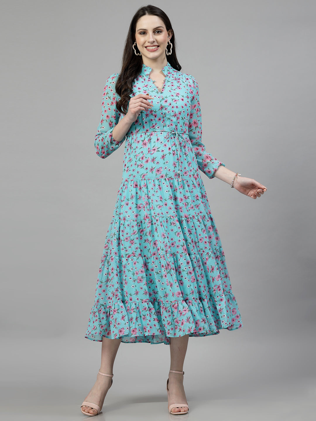 AAYU Women Printed Tiered Skyblue Dress