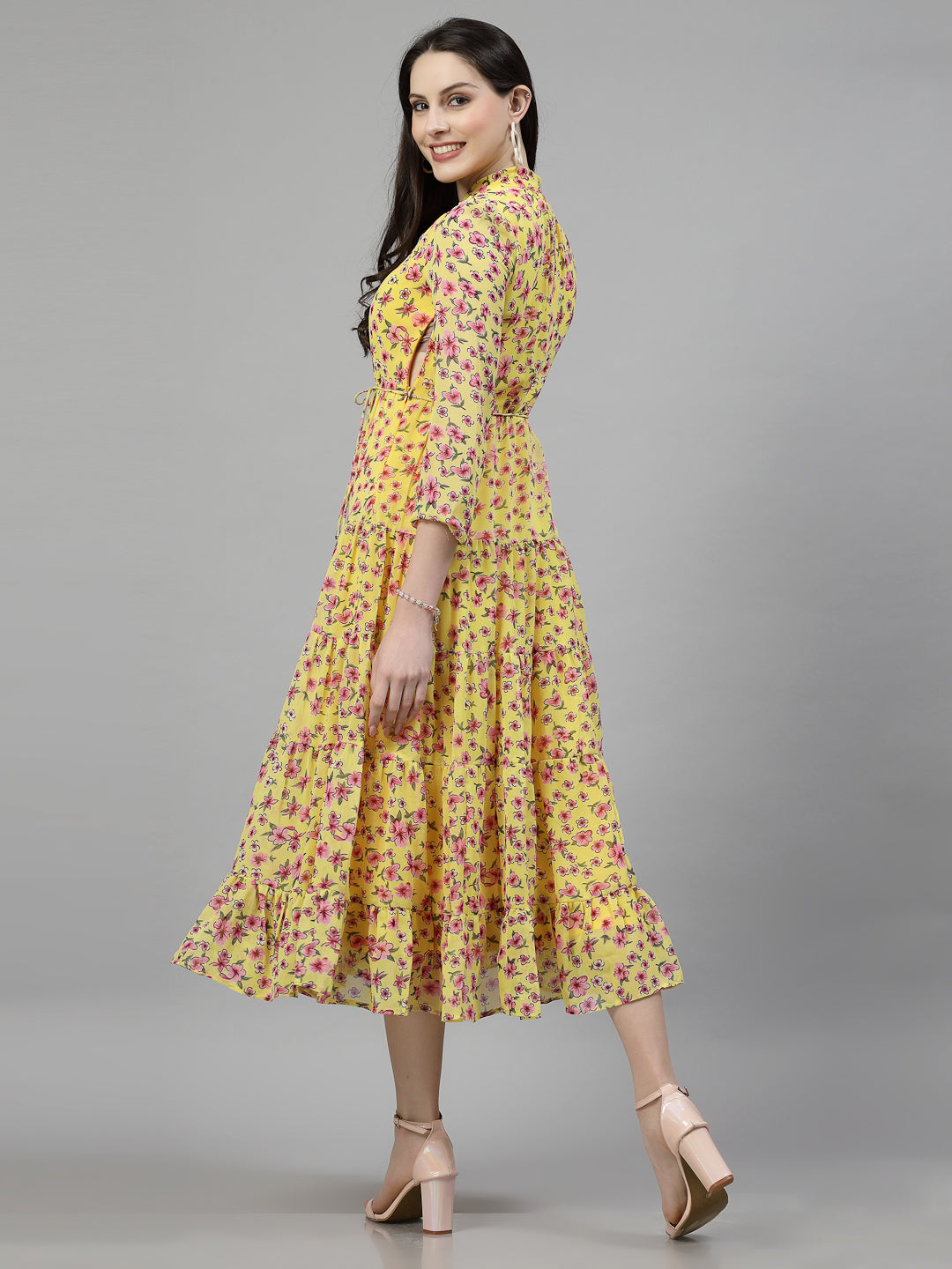 AAYU Women Printed Tiered Yellow Dress