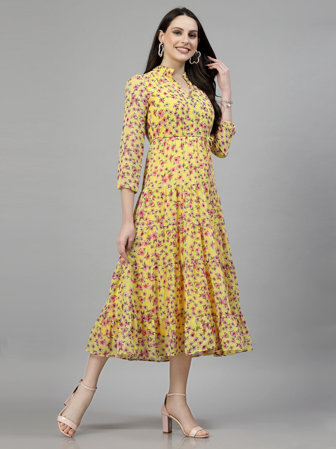 AAYU Women Printed Tiered Yellow Dress