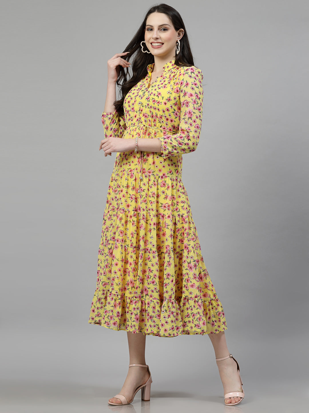 AAYU Women Printed Tiered Yellow Dress