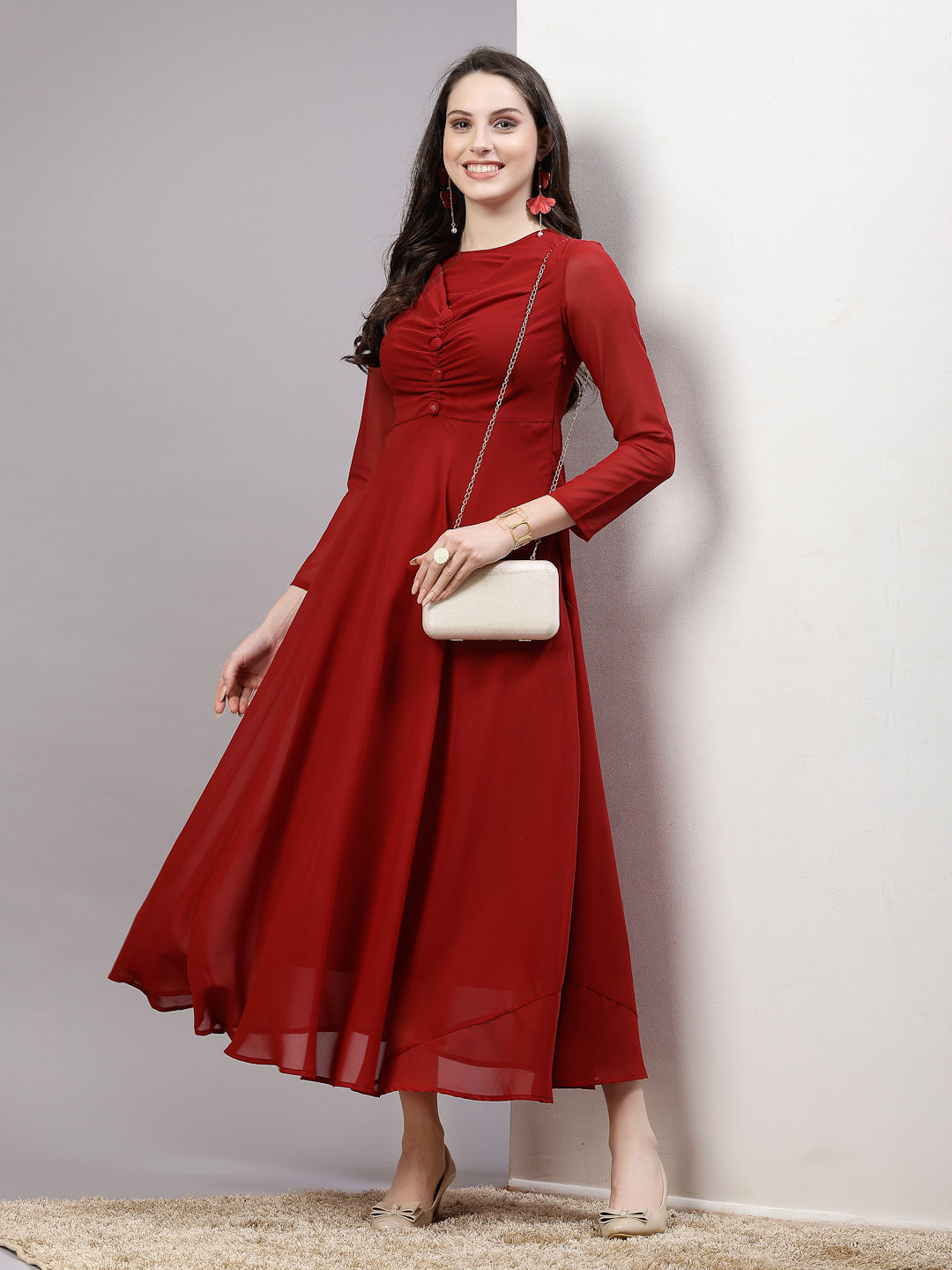 AAYU Women Fit and Flare Maroon Solid Dress