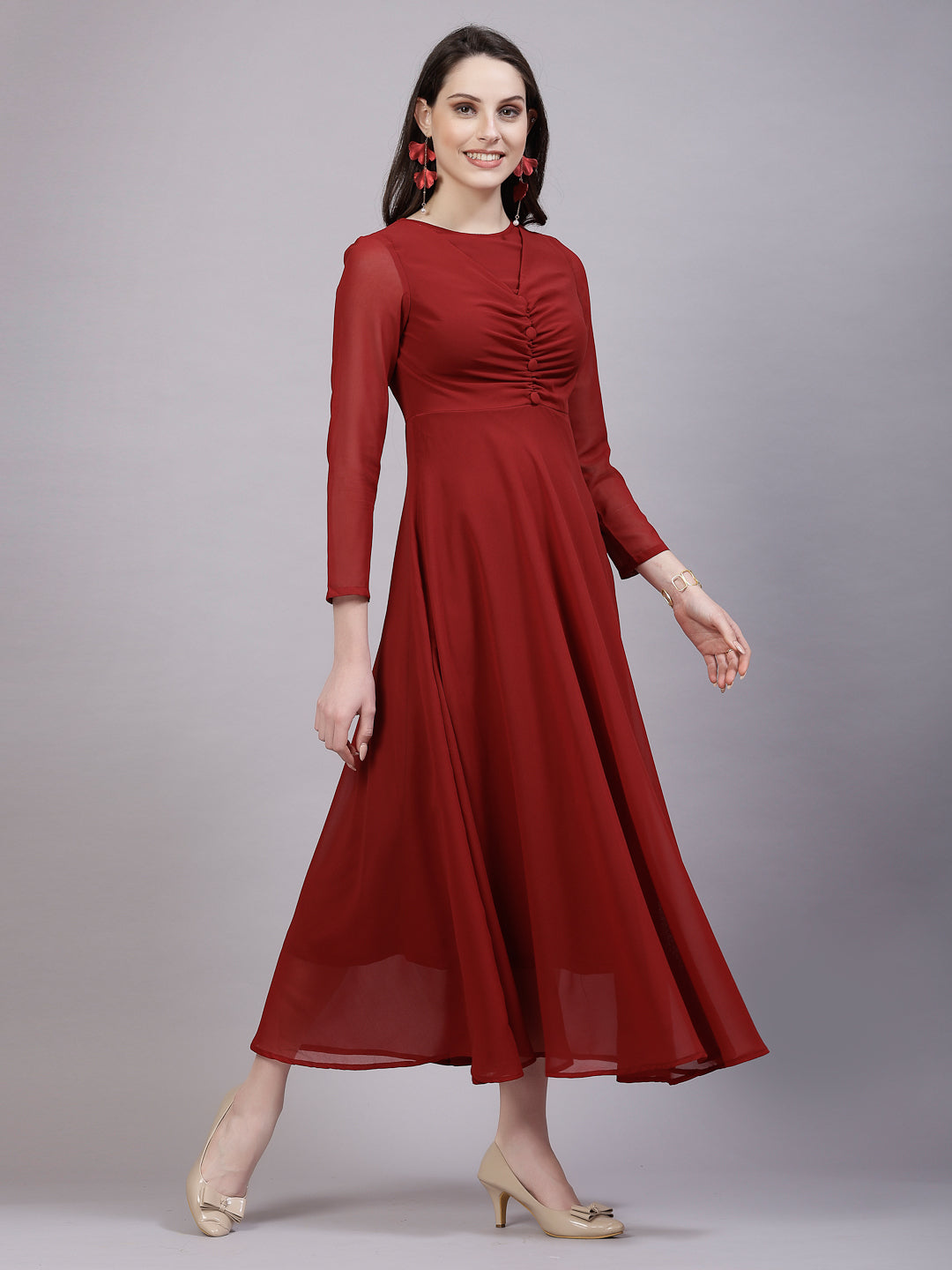 AAYU Women Fit and Flare Maroon Solid Dress