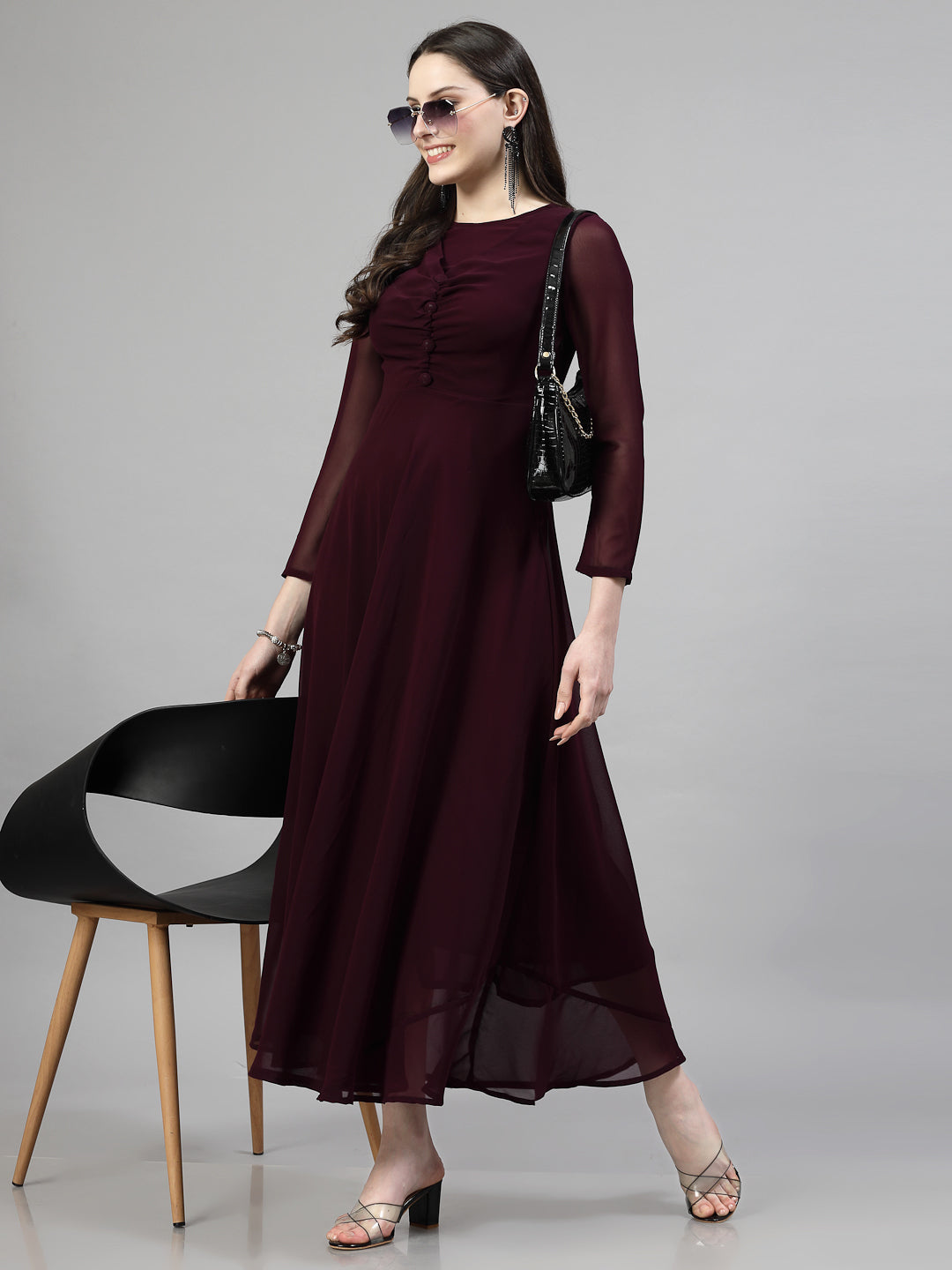 AAYU Women Fit and Flare Wine Color Solid Dress