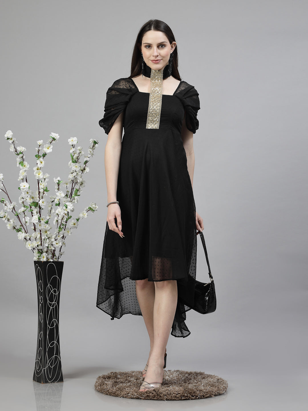 AAYU Women Asymmetric High Low Black Solid Dress
