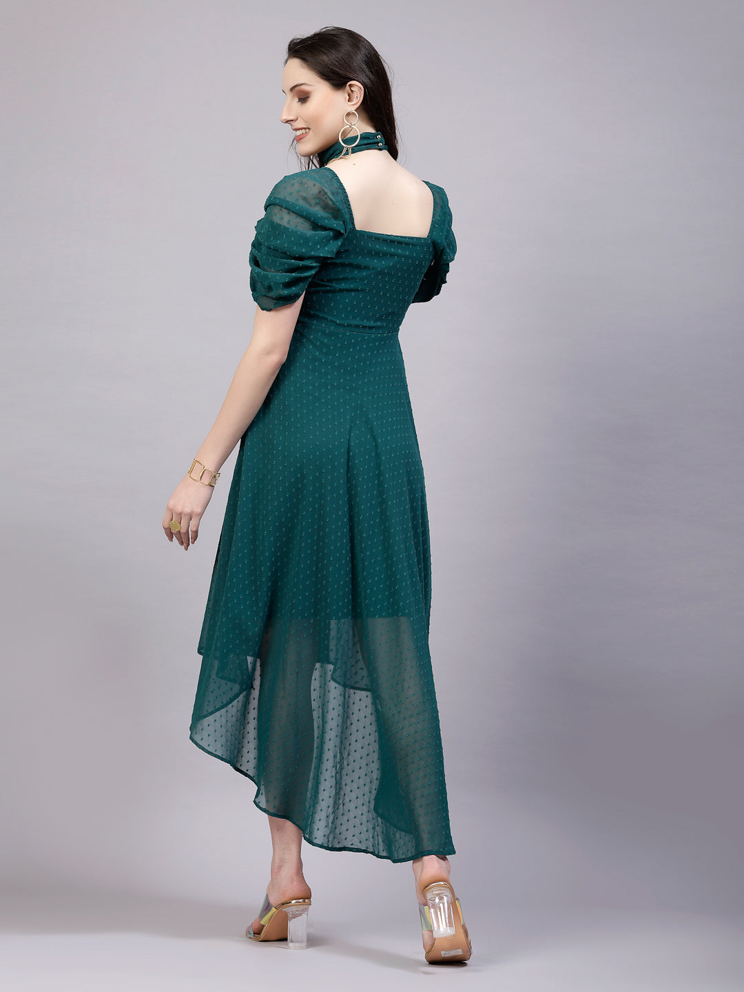 AAYU Women Asymmetric High Low Green Solid Dress