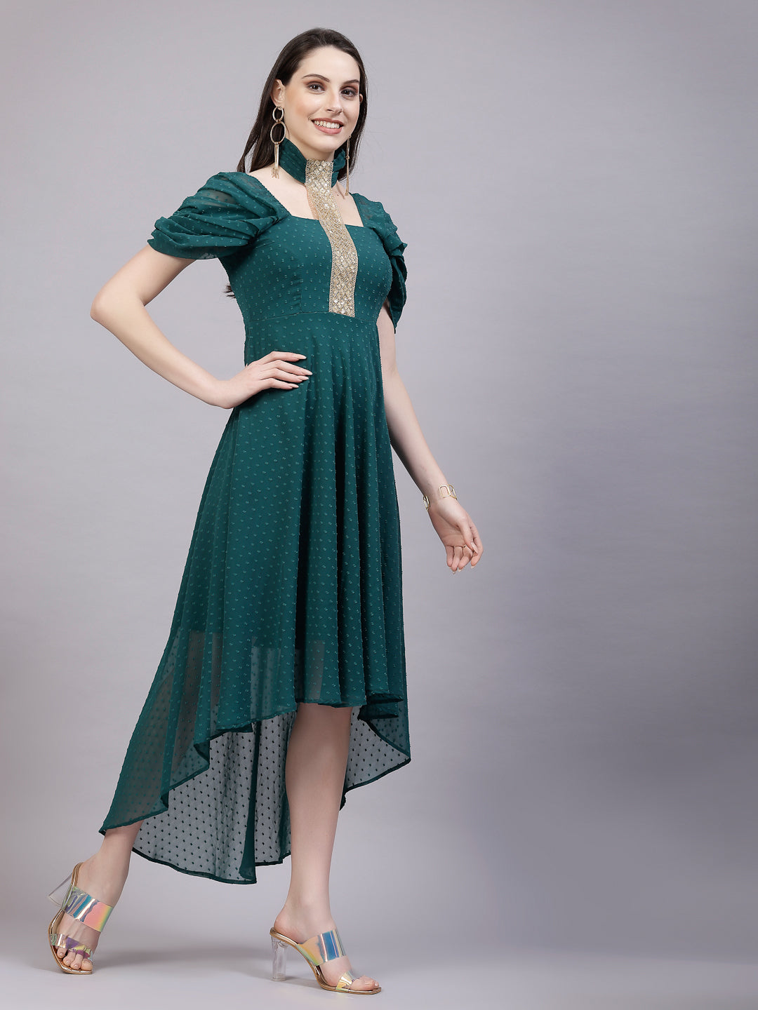 AAYU Women Asymmetric High Low Green Solid Dress