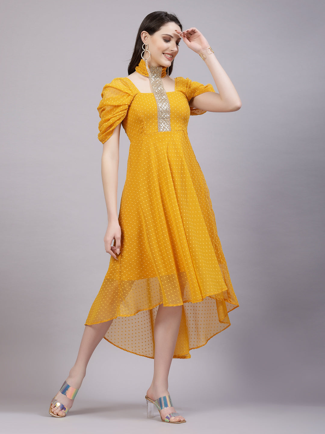 AAYU Women Asymmetric High Low Mustard Solid Dress