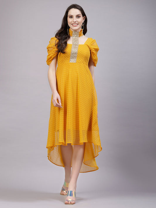 AAYU Women Asymmetric High Low Mustard Solid Dress