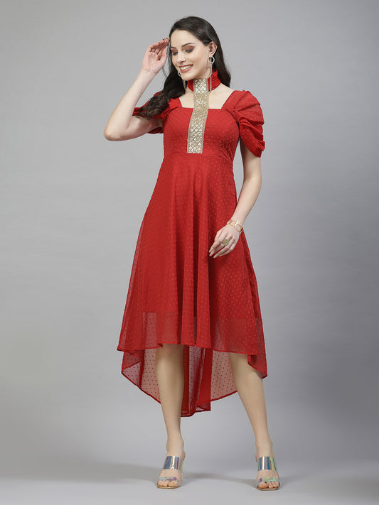 AAYU Women Asymmetric High Low Red Solid Dress