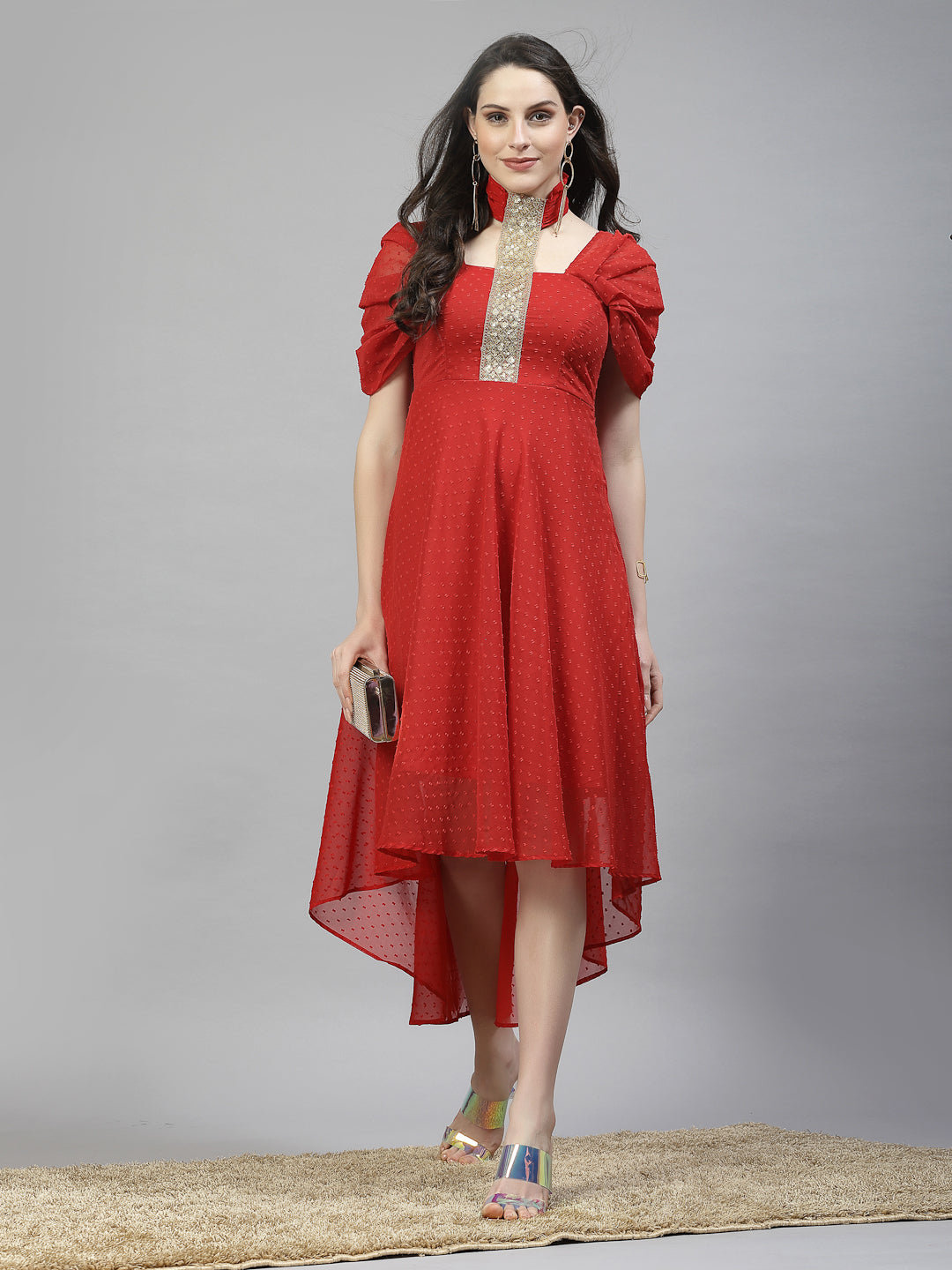 AAYU Women Asymmetric High Low Red Solid Dress