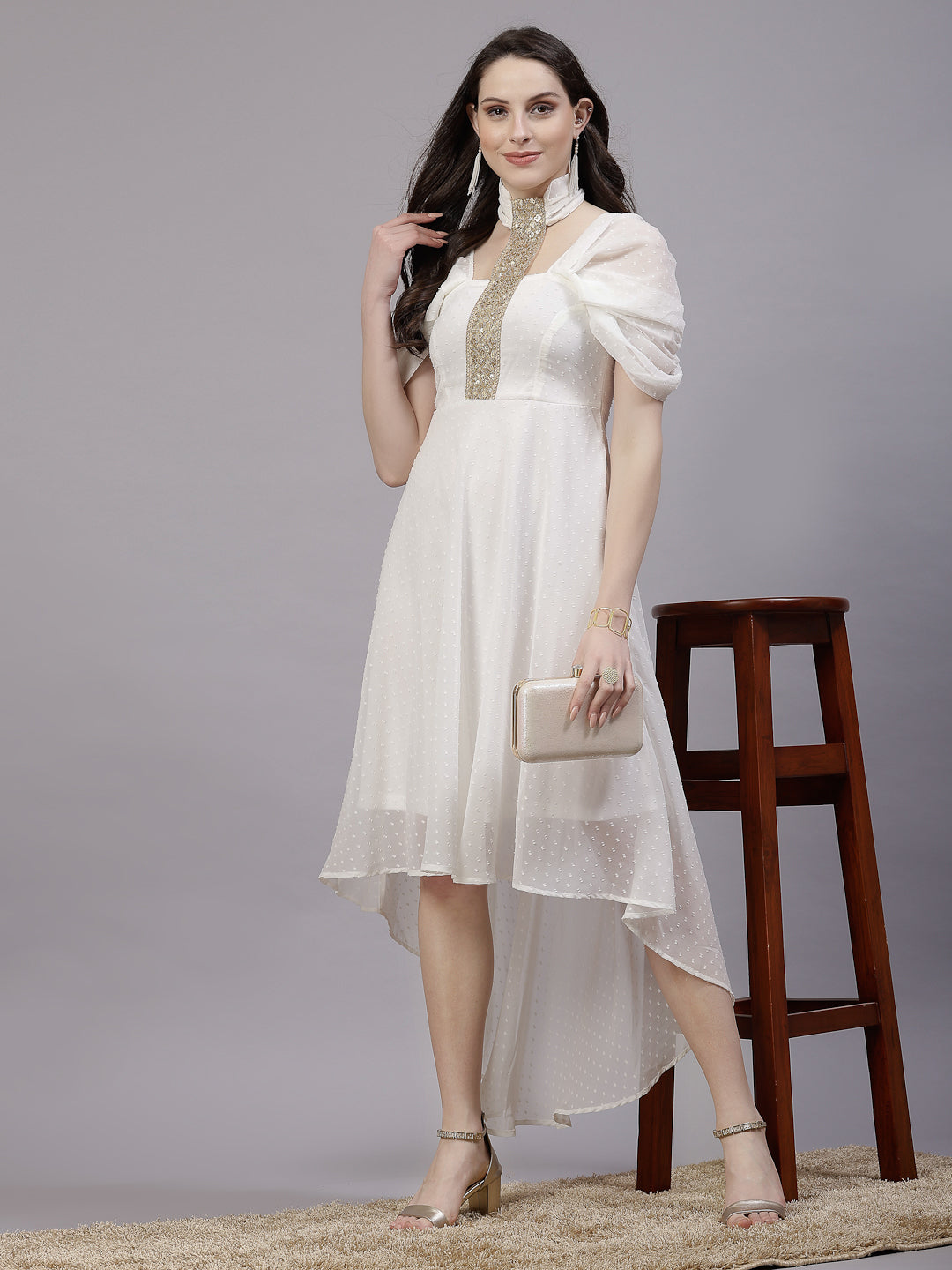 AAYU Women Asymmetric High Low White Solid Dress