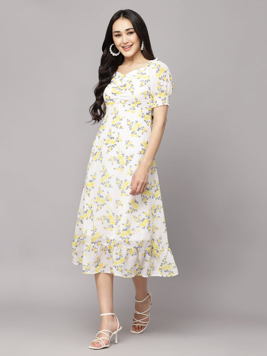 AAYU Women A-Line White & Yellow Dress