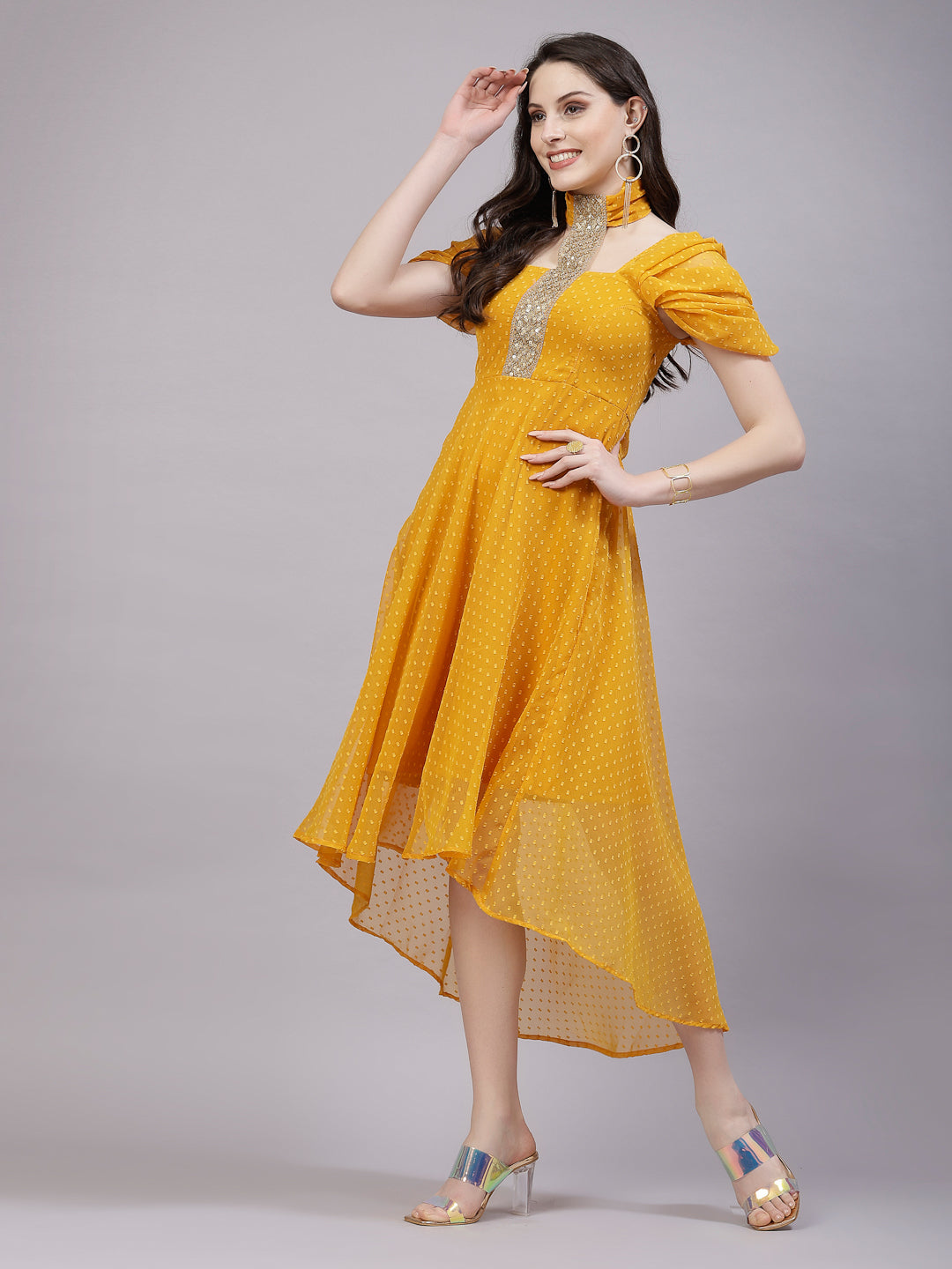 AAYU Women Asymmetric High Low Mustard Solid Dress